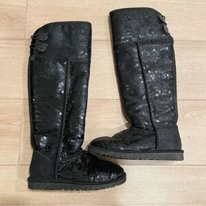 Black Sequin Knee-High Boots